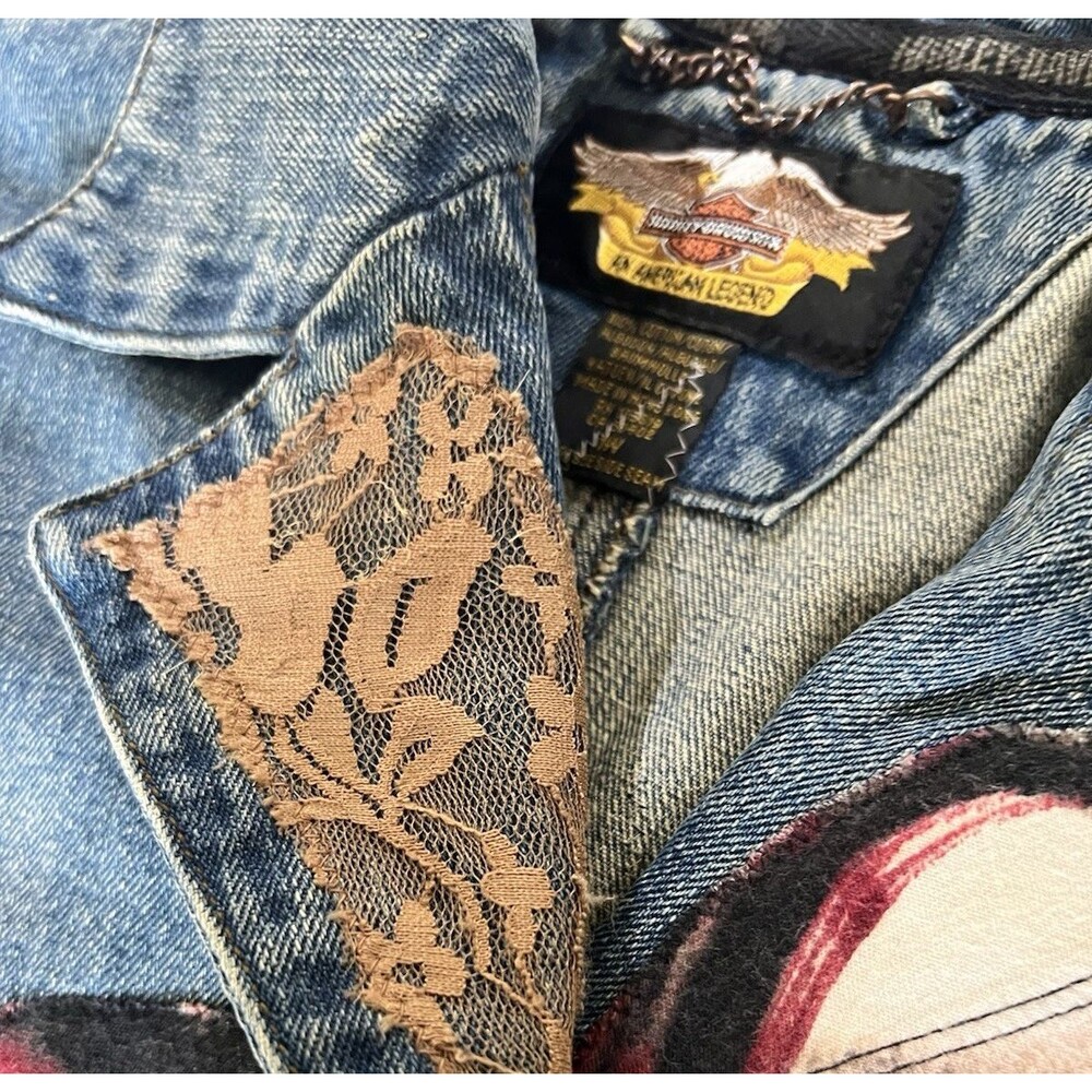 VTG Y2k Harley Davidson Lt. Denim Long Trench Coat 1W-14W Artsy Lace Embellish